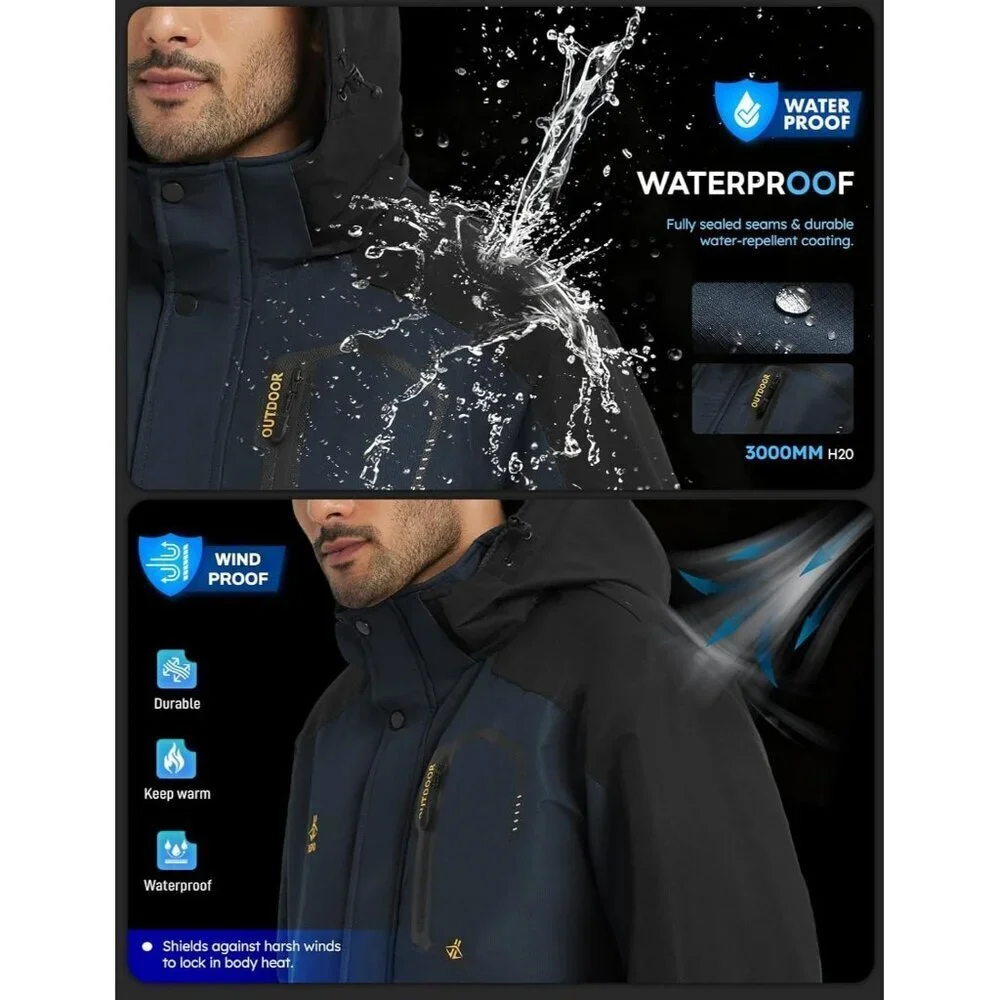 Men's NavyBlue 1 Waterproof Winter Warm Snow Coat Fleece Lined Hiking Ski Jacket